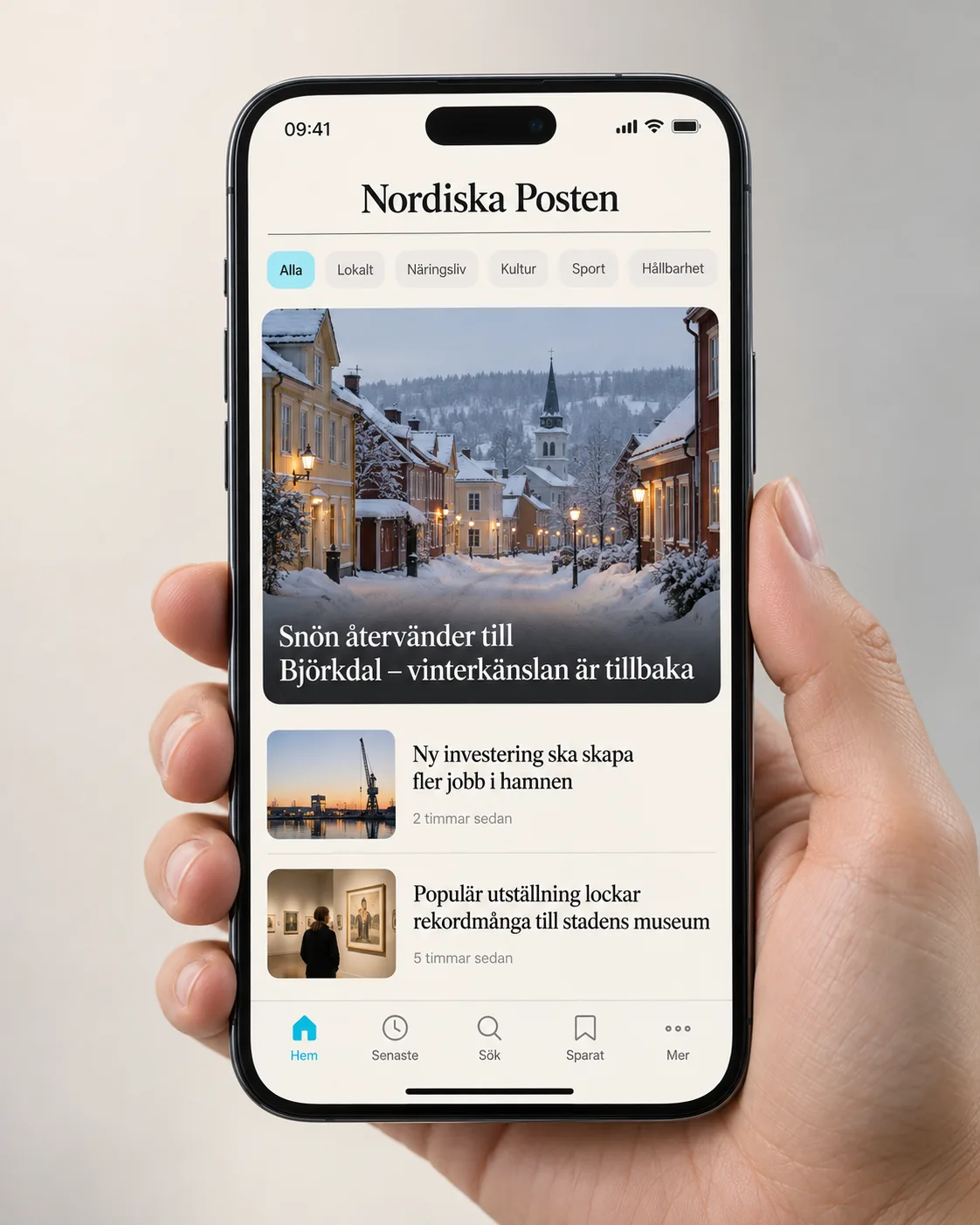 Hand som håller en telefon med läsarappen för den fiktiva tidningen Nordiska Posten